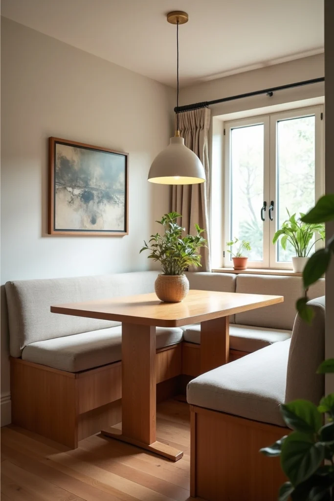Compact dining area with pet-friendly washable fabrics, neutral tones, and cozy, practical style.