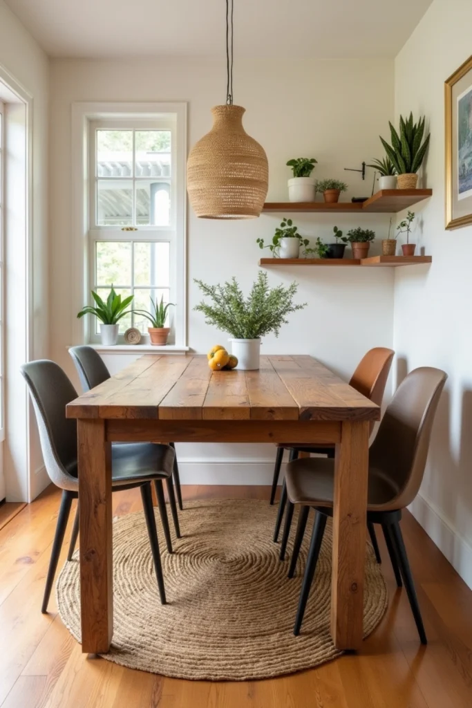 Cozy compact dining with reclaimed wood table, thrifted chairs, natural textures, and warm lighting.
