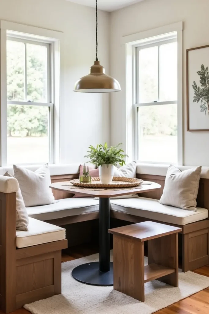 Cozy corner dining nook with table, bench seating, soft cushions, and warm farmhouse accents.