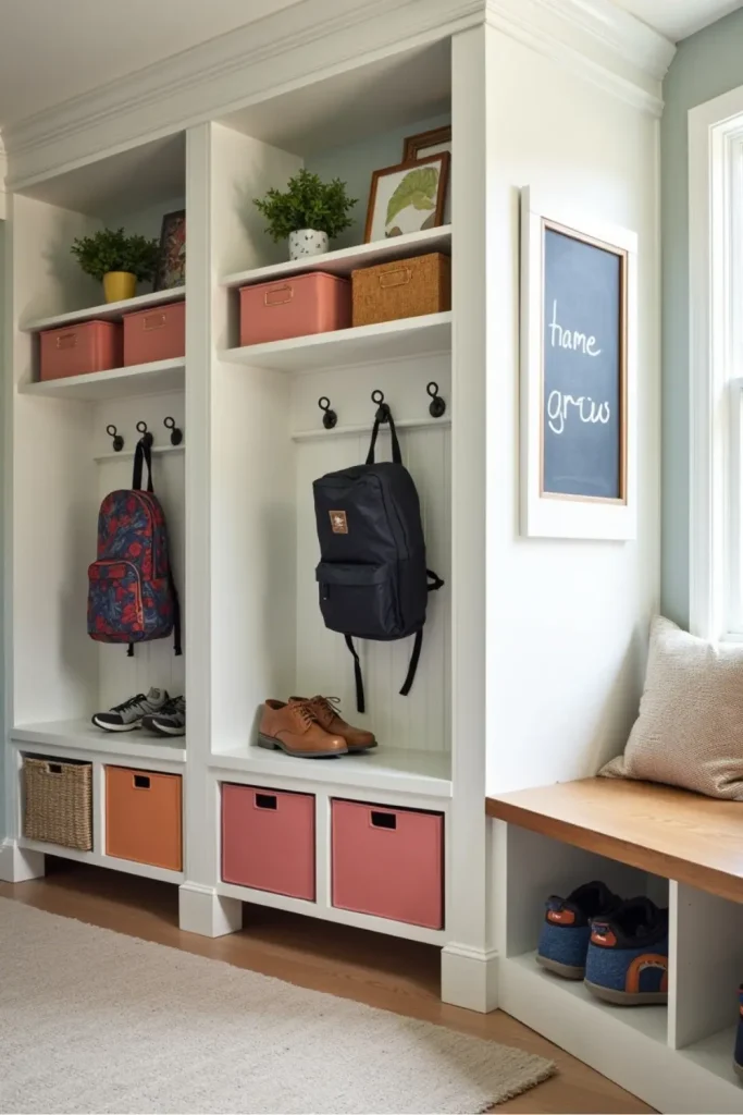 Family mudroom with labeled cubbies, color-coded bins, bench, hooks, chalkboard, and organized entryway.