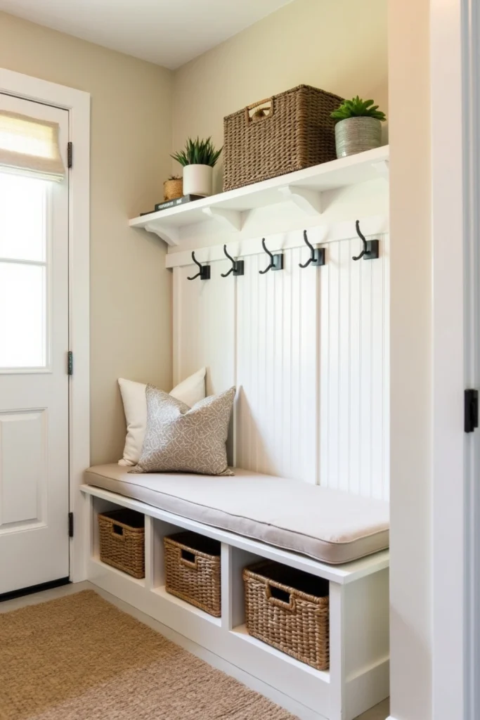 DIY mudroom with customized IKEA Kallax units, cushions, hooks, baskets, and small shelf.