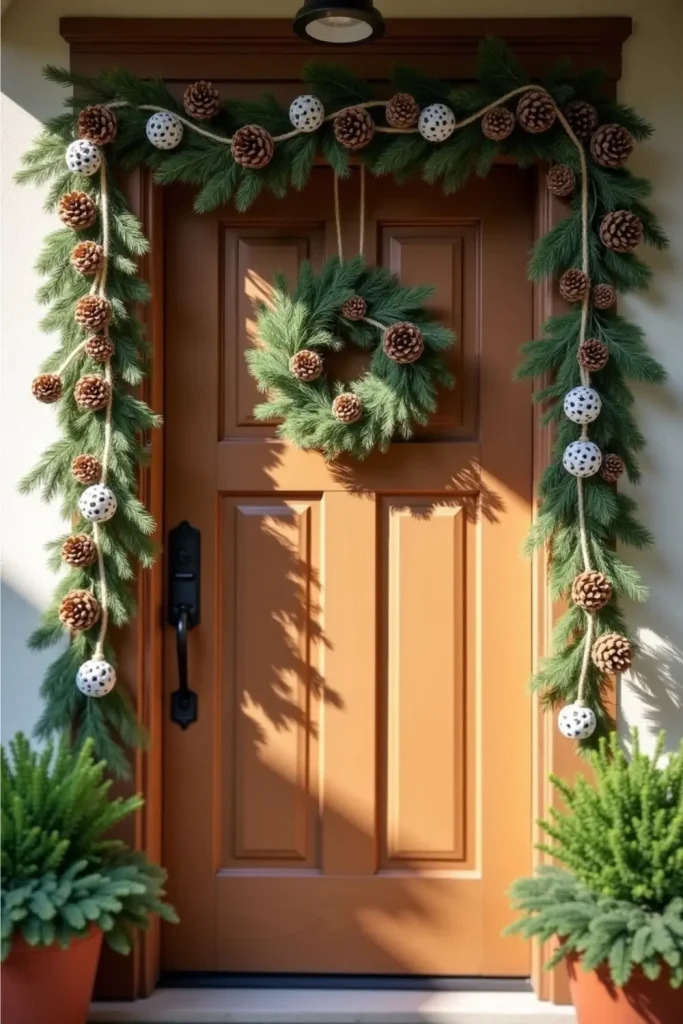 Rustic front door with DIY pinecone garland, white accents, greenery, and cozy Christmas charm.