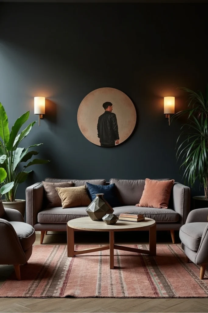 “Dark boho living room with geometric furniture, frosted sconces, velvet cushions, and layered rugs”