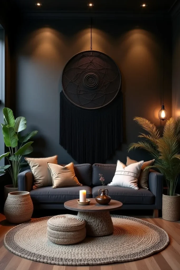 “Gothic boho den with black dreamcatcher, track lighting, woven rugs, baskets, and cozy seating”