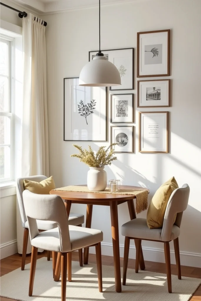 Small dining room with bold gallery wall, mixed frames, wooden table, and cozy farmhouse accents.