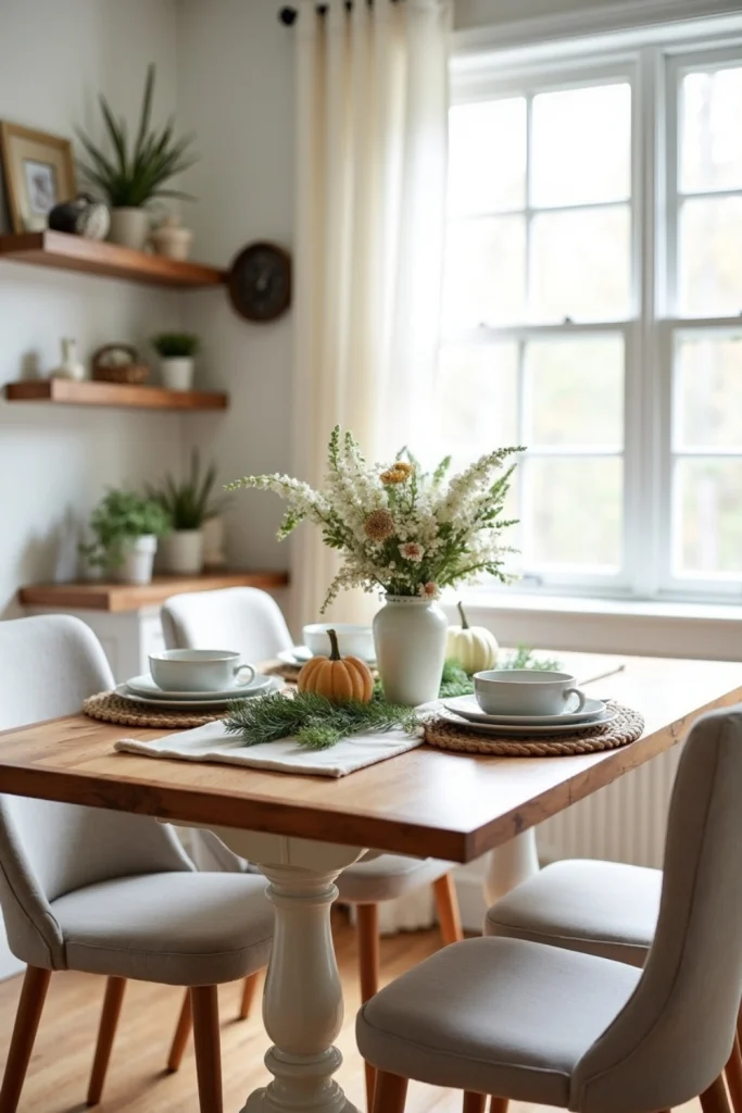 Small farmhouse dining room with seasonal table decor, neutral base, and cozy modern accents.