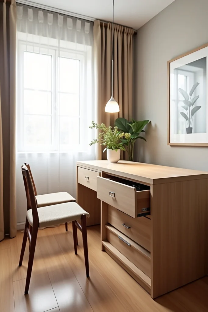 Compact dining table with built-in storage, slim chairs, light finish, and bright, organized space.