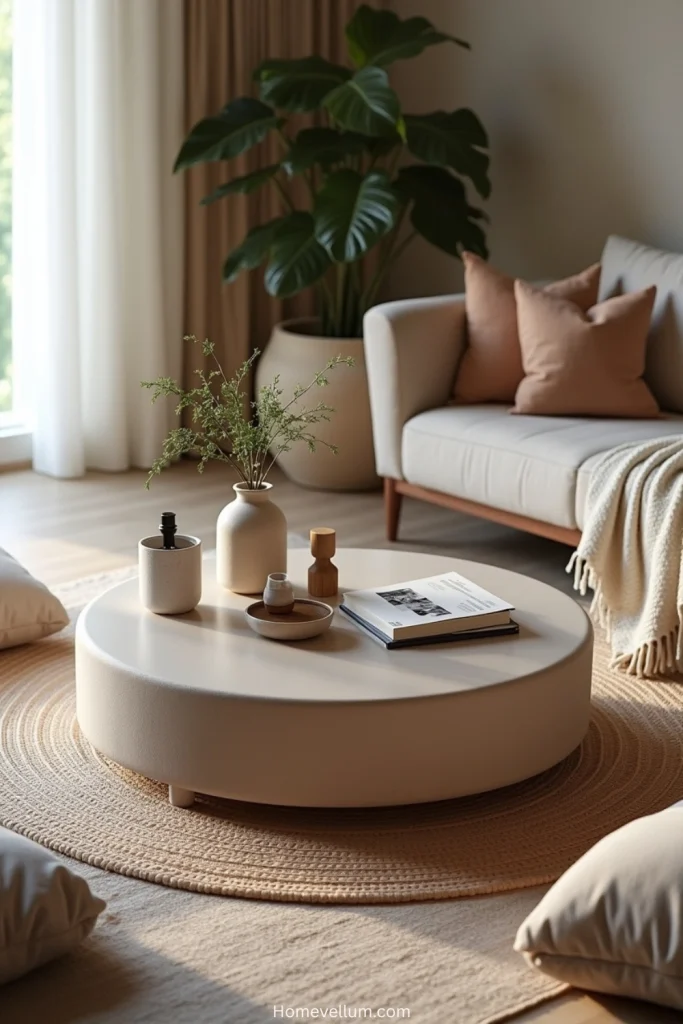Drum-shaped ceramic coffee table with low seating, layered rugs, throws, and cozy living room accents.