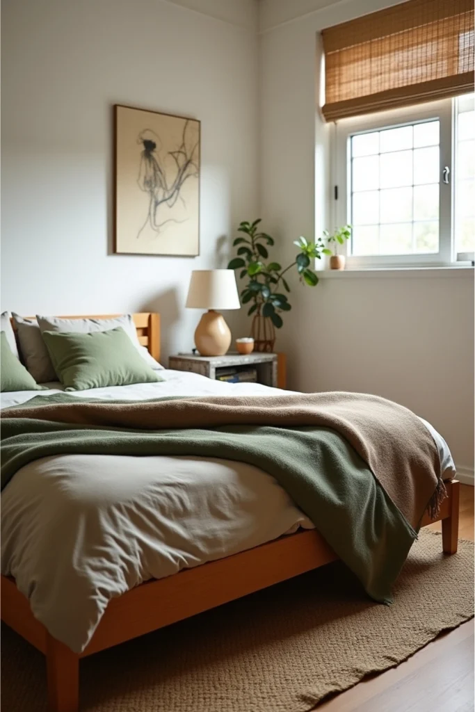 Earthy wool throw blankets layered on low-profile Wabi Sabi bed for cozy, natural bedroom vibe.