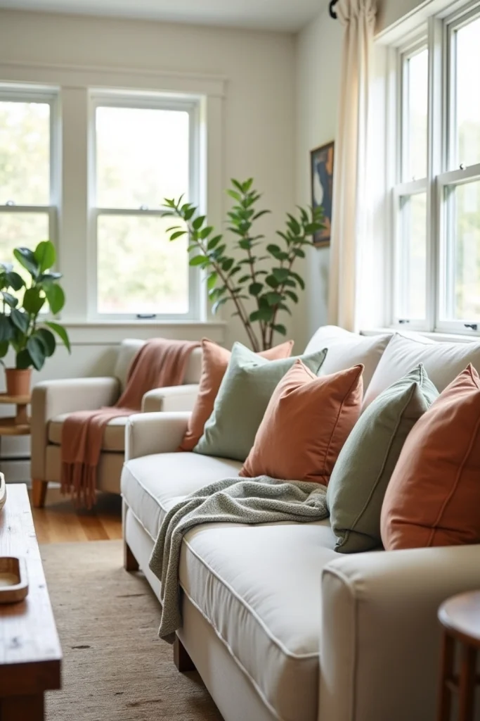 Modern farmhouse living room with sage and terracotta accents, neutral sofa, and layered textures.
