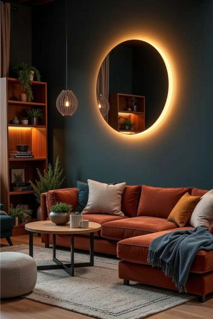 Moody modern boho lounge with round eclipse lights, velvet sofa, layered cushions, and cozy decor