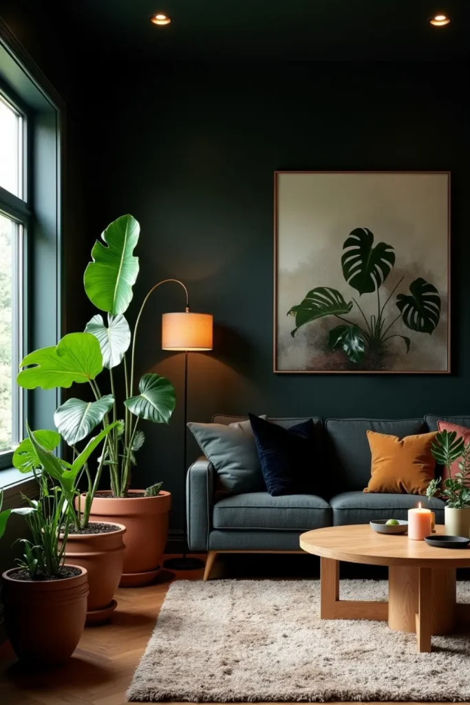“Black-walled living room with monstera, fiddle-leaf figs, terracotta pots, and cozy organic decor”