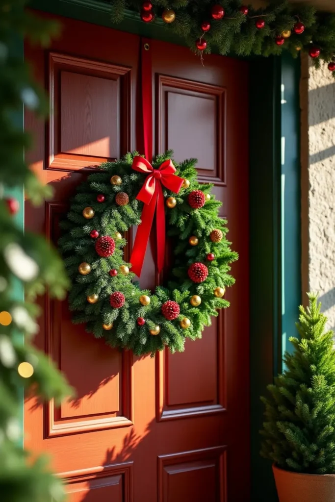 Classic evergreen Christmas wreath with red berries, gold pinecones, and glowing fairy lights.