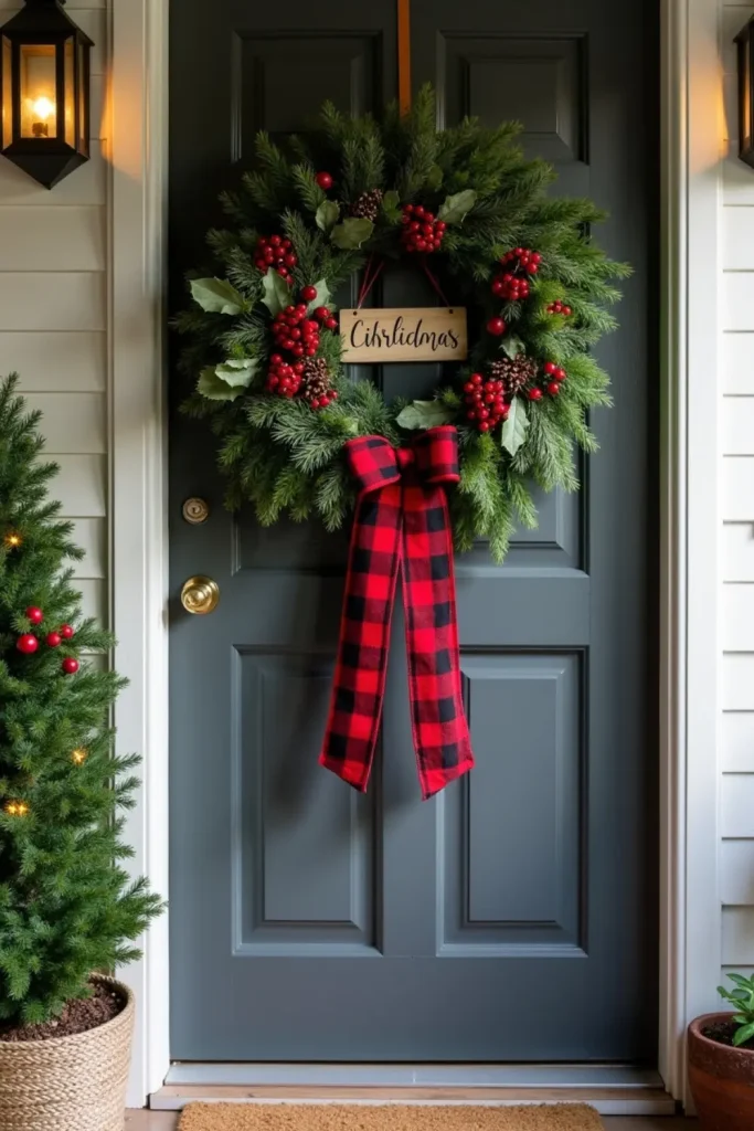 Farmhouse Christmas wreath with red-black plaid ribbon, greenery, and wooden holiday sign.