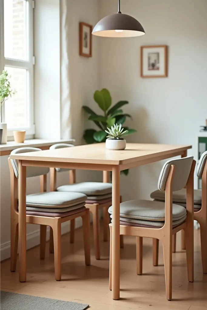 Compact dining with stackable stools, simple table, soft light, and flexible seating for small spaces.