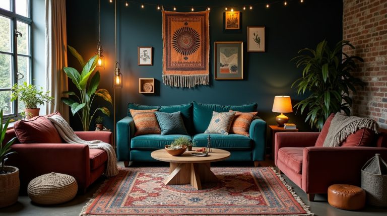 Cozy dark boho living room with rich walls, velvet seating, layered textiles, warm lighting, and plants.