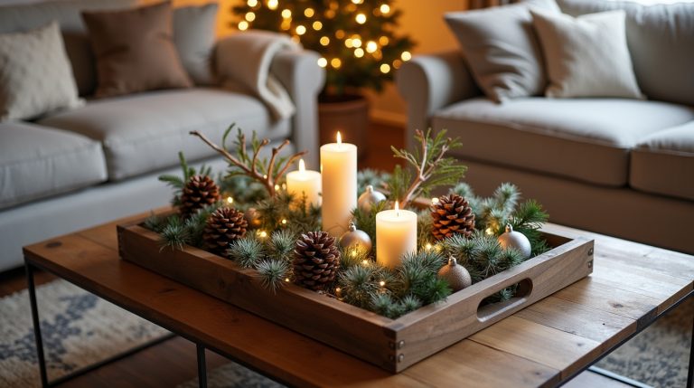 Holiday coffee table with 10 festive trays featuring pinecones, ornaments, candles, and greenery.