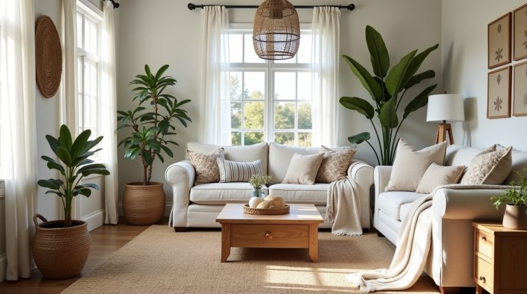 Cozy modern farmhouse living room with neutral palette, layered textures, eco-friendly accents, and warm lighting.