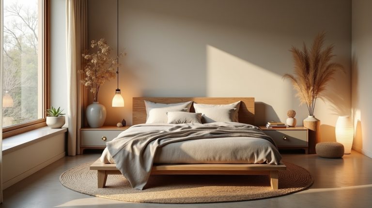Serene Wabi Sabi bedroom with natural textures, earthy tones, and minimalist decor for tranquil retreat.