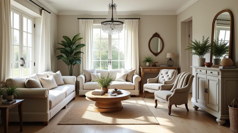 Sunlit French Country living room with cozy seating, rustic wood, layered rugs, and greenery accents.