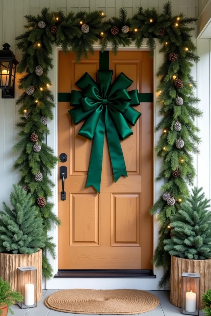 Front door with forest green bow, pine and cedar garlands, pinecones, lanterns, and woodland decor.