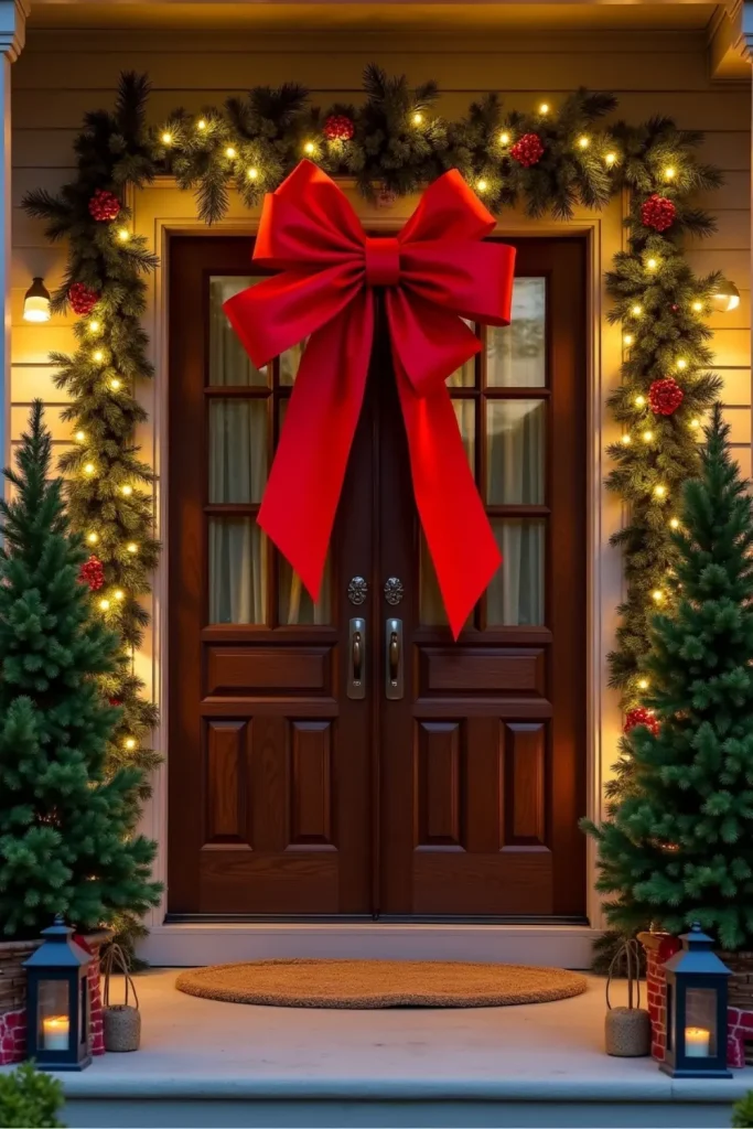 Double-door porch with giant red bow, lights, garlands, and small decorated Christmas trees.