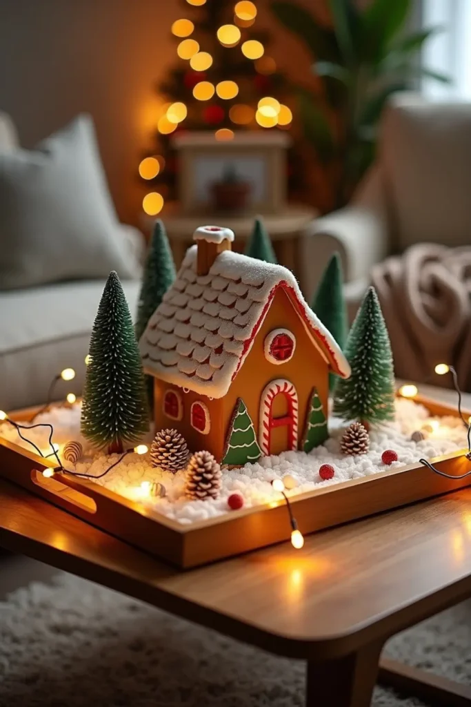 Whimsical Christmas coffee table with gingerbread house, fairy lights, faux snow, and mini trees.