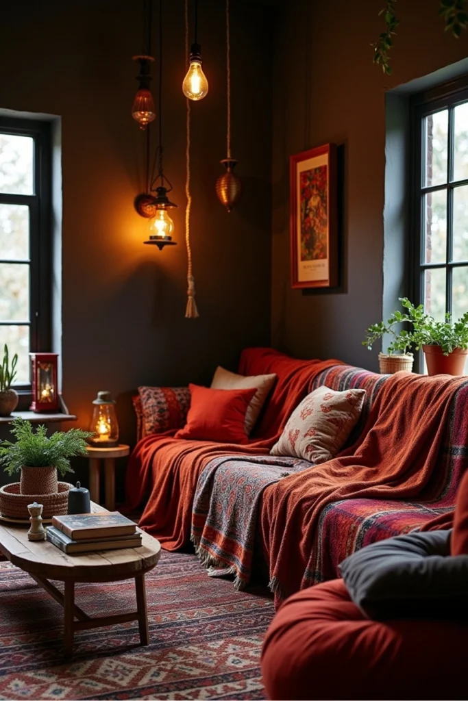 Dark boho living room with vibrant throws, glass lanterns, layered cushions, and cozy eclectic vibe.