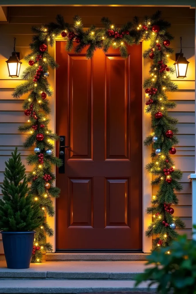 Christmas garland framing door with red berries, ornaments, and warm glowing fairy lights.