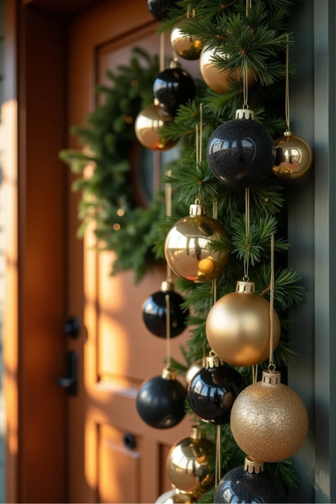 Front door with gold and black ornament swag accented by greenery for modern, elegant Christmas decor.