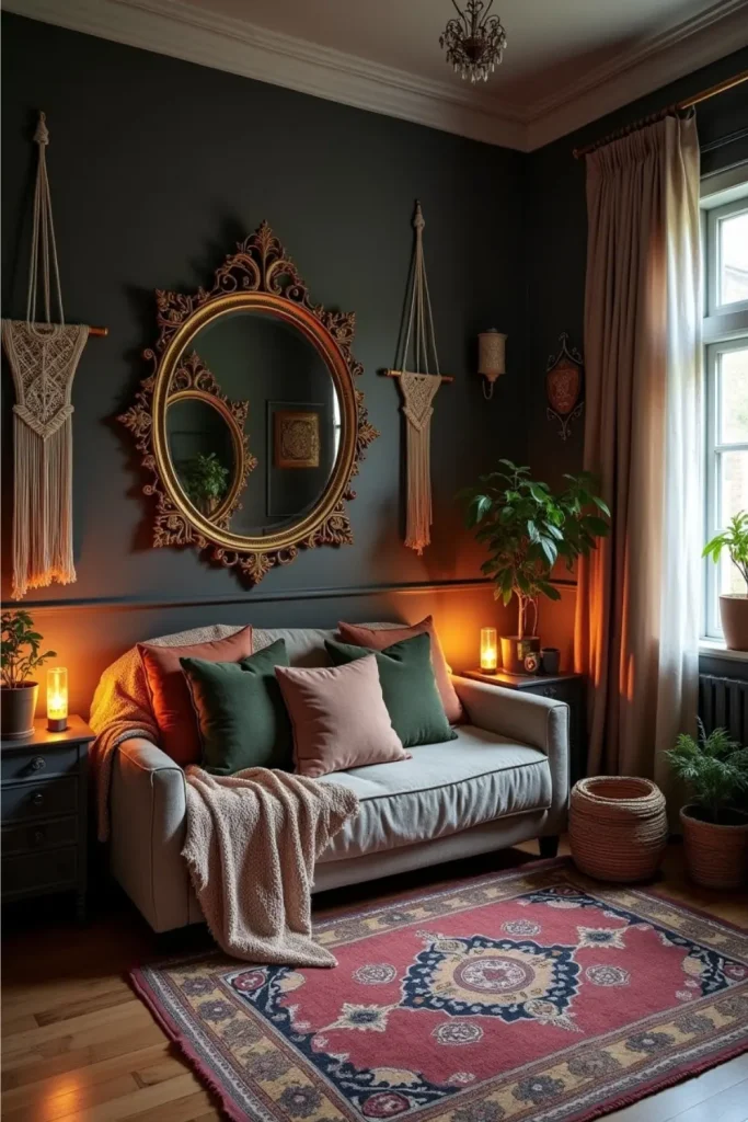 “Gothic boho room with dark gray walls, gilded mirror, vintage rug, candles, and cozy bohemian decor”