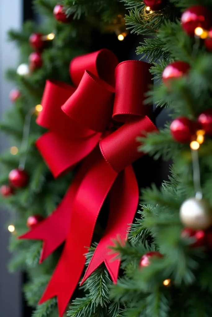 Front door with red bow on lush evergreen garland, accented with berries and festive ornaments.