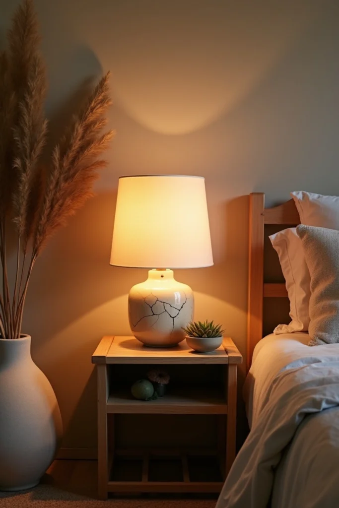 Handcrafted ceramic lamp with cracks on nightstand casting warm glow in Wabi Sabi bedroom.