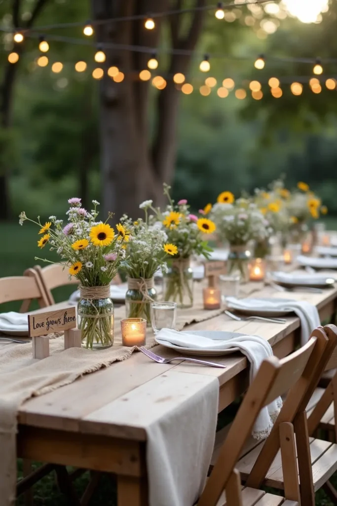 Rustic backyard wedding table with mason jar centerpieces, twine-tied napkins, and DIY signs.