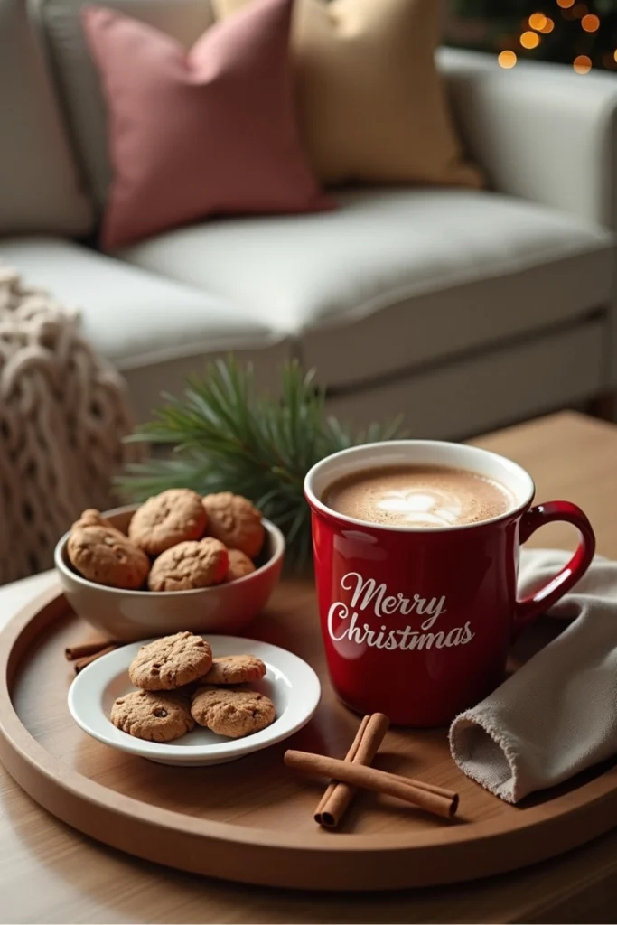 Cozy Christmas tray with hot cocoa mug, cookies, cinnamon sticks, and festive holiday accents.