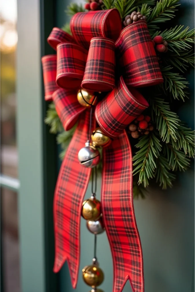 Front door with red or plaid bow adorned with gold and silver jingle bells, festive playful style.