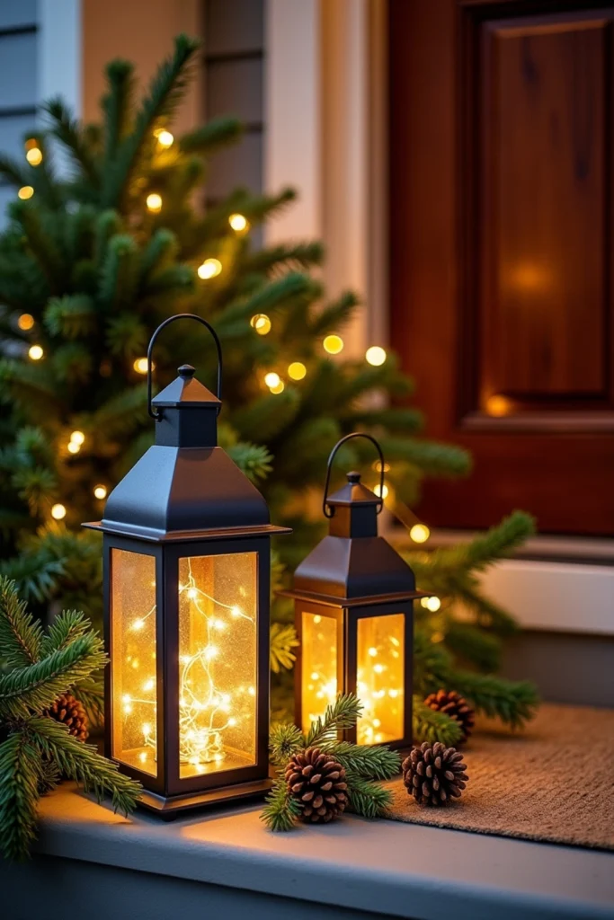 Lanterns with warm white lights and pine sprigs create a cozy, festive Christmas porch display.