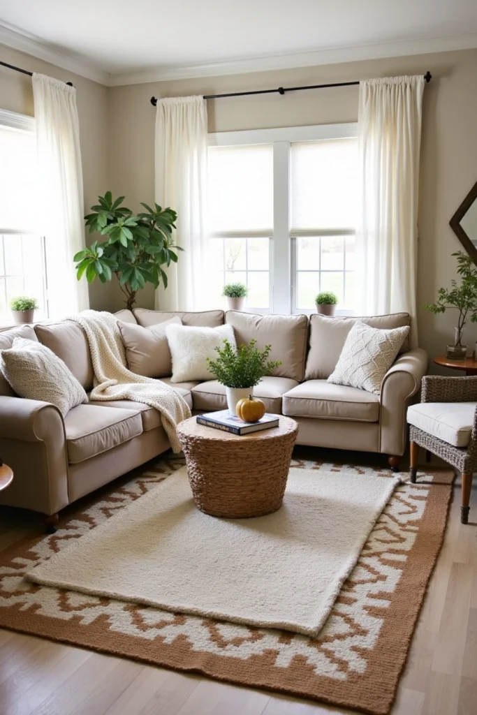 Cozy French Country living room with layered jute and patterned rugs, warm textiles, and rustic accents.