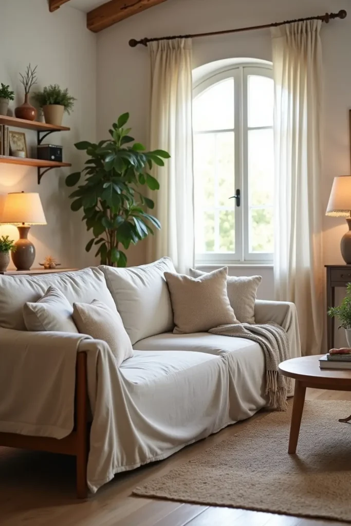 Cozy French Country living room with pale linen sofas, wool blankets, and warm wood accents.