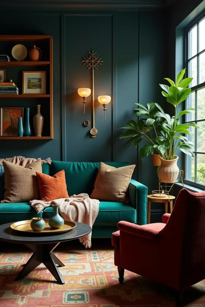 Moody boho lounge with navy walls, emerald velvet sofa, gold accents, layered throws, and plants.