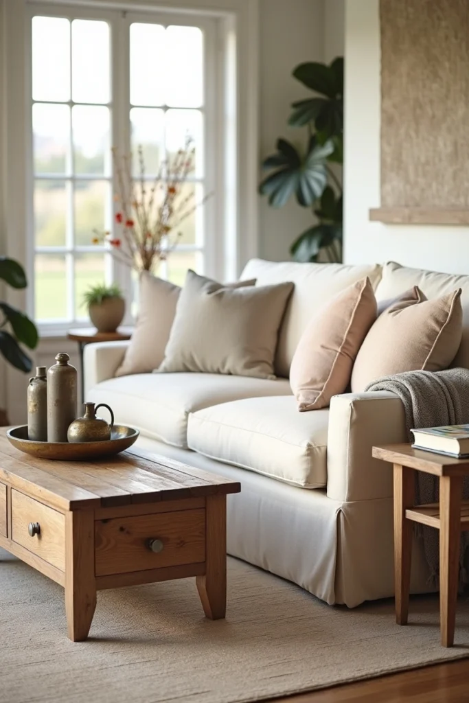 "French Country living room with brass and iron accents, wood furniture, layered rugs, and cozy decor."