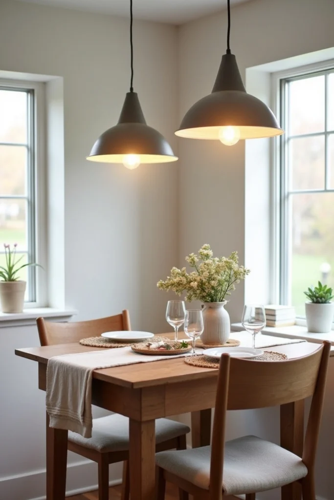 Small farmhouse dining area with smart pendant lights, wooden table, neutral chairs, and cozy accents.