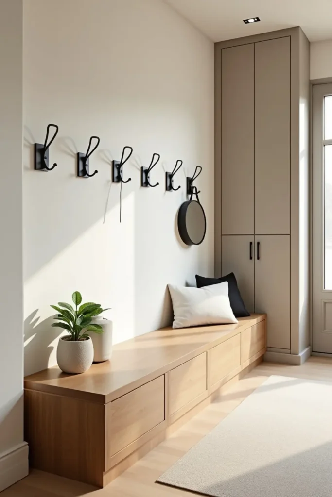 Modern minimalist mudroom with oak bench, matte black hooks, neutral cabinets, and subtle decor.