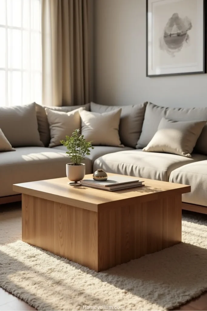 Modern living room with a square wooden coffee table, soft cushions, and cozy neutral accents.