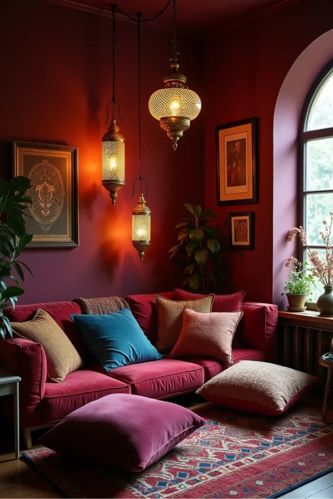 Moody Moroccan lounge with plum walls, patterned floor cushions, lanterns, and layered rugs.