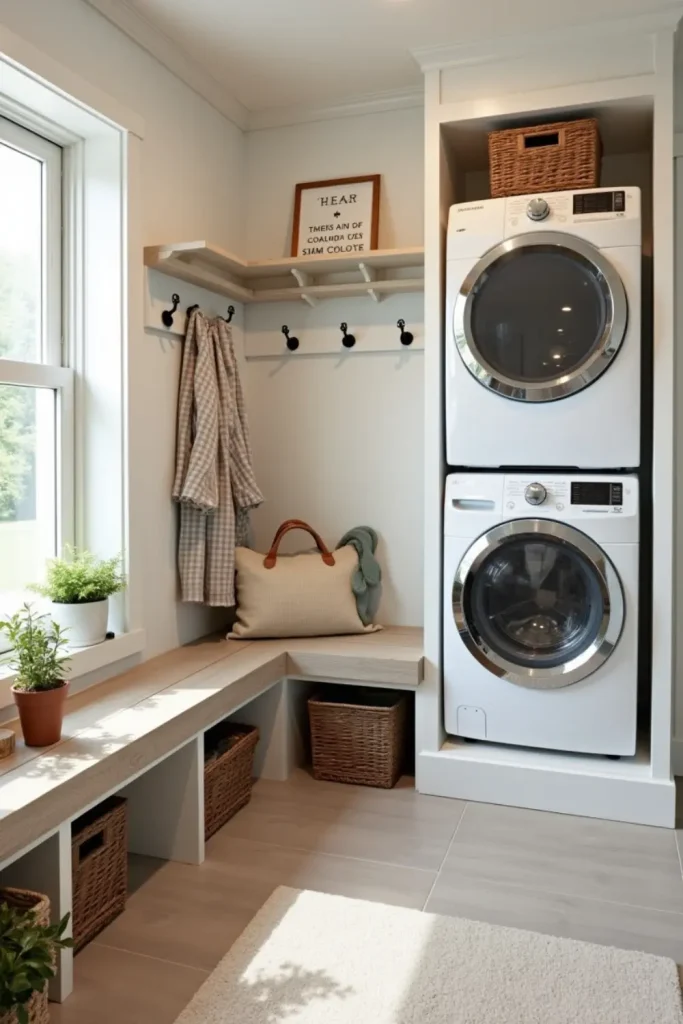 Mudroom-laundry combo with stacked washer-dryer, folding bench, cubbies, hooks, and tile flooring.