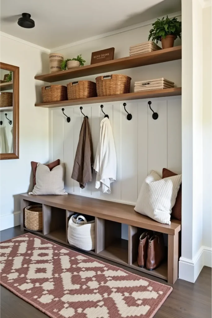 Main entrance mudroom with long bench, overhead shelves, large mirror, hooks, and durable rugs.