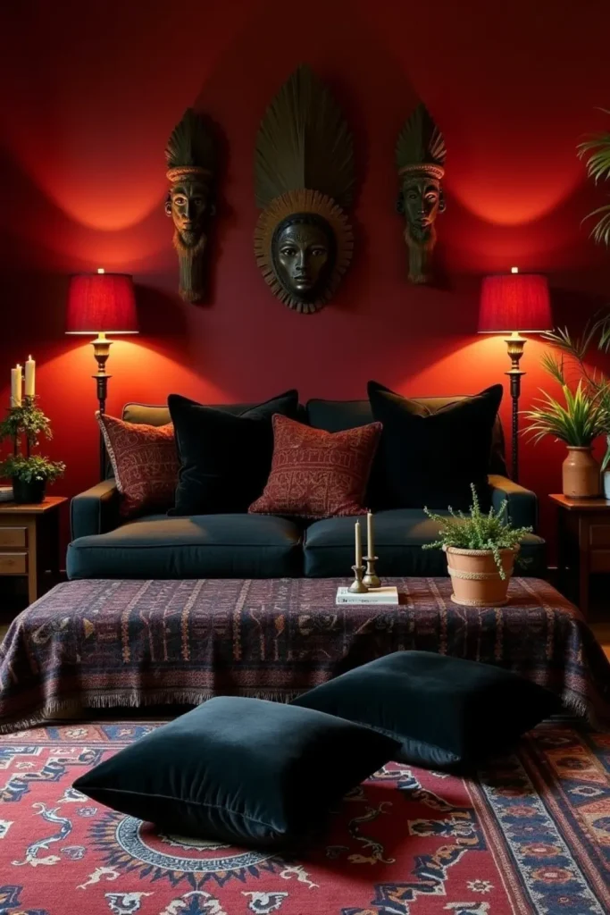 Mystical moonlight parlor with midnight blue accents, celestial cushions, starry string lights, and rugs.