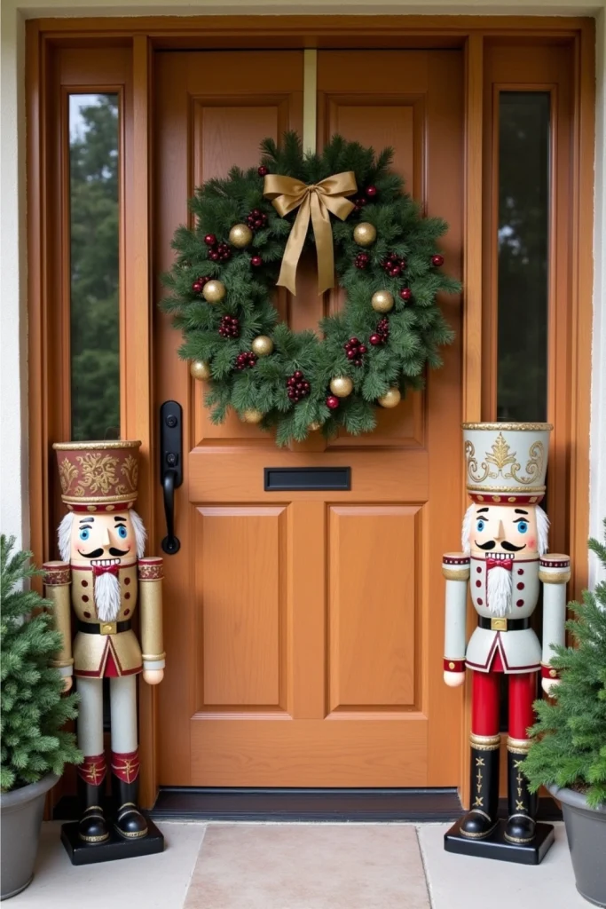 Front door flanked by nutcrackers with gold-accented wreath for whimsical, classic Christmas charm.