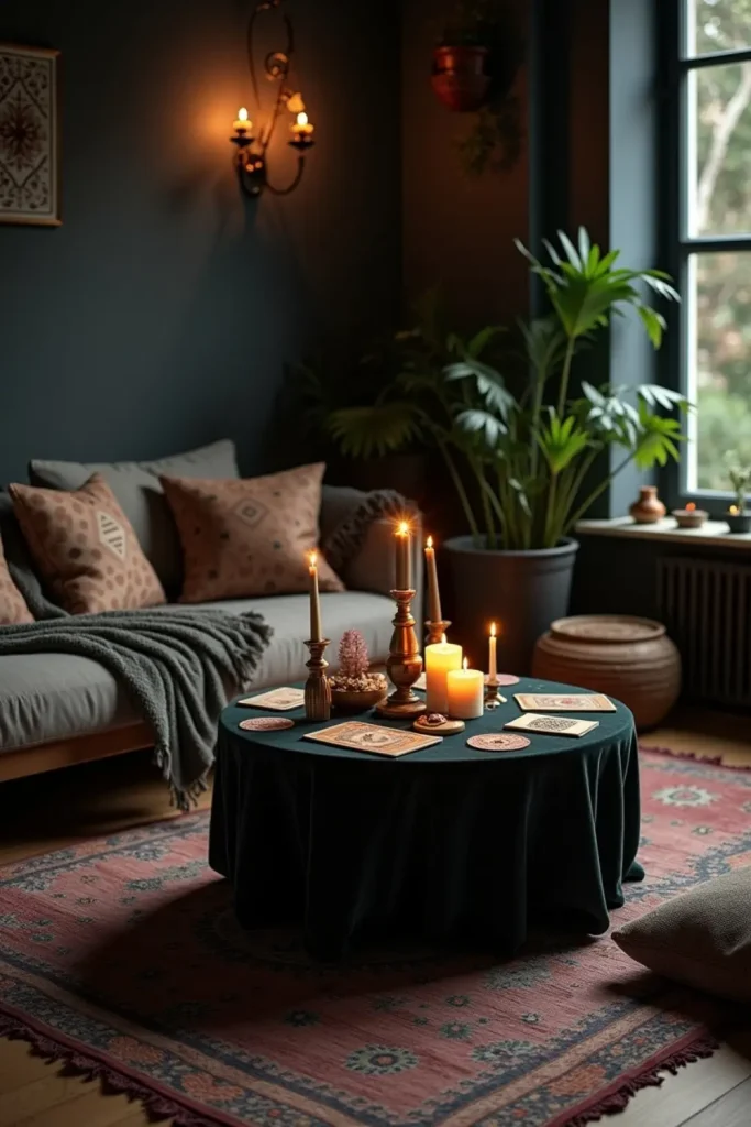 “Dark boho living room with velvet oracle table, candles, dark walls, rugs, and reflective decor”